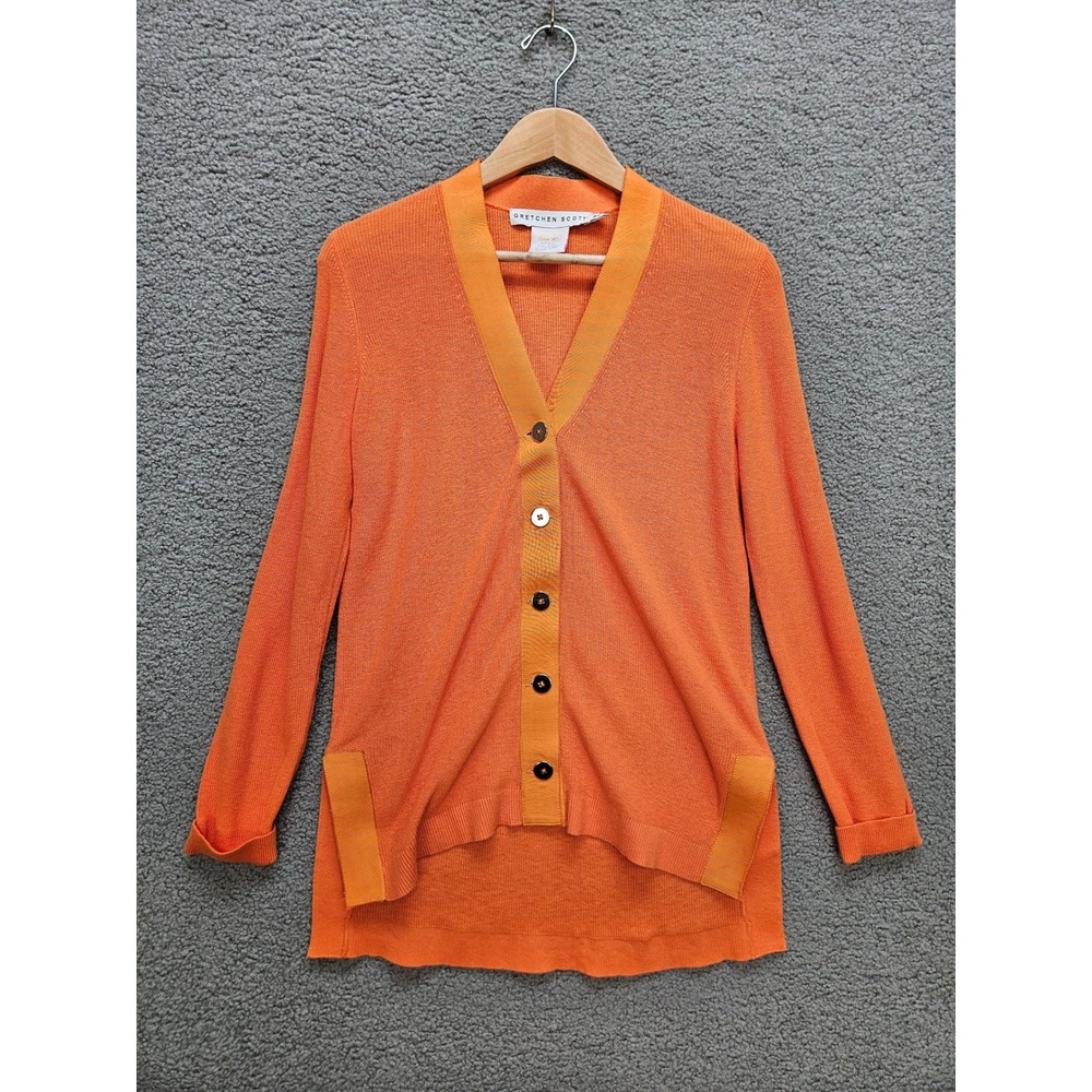 Gretchen Scott Cardigan M Orange Grosgrain Trim Cotton V-Neck Preppy Sweater